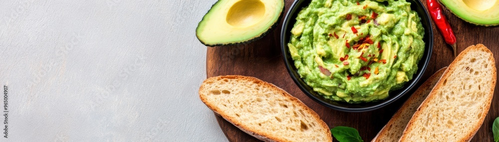 Gluten-free sourdough bread with a bowl of fresh guacamole, sprinkled with chili flakes, vibrant and spicy theme