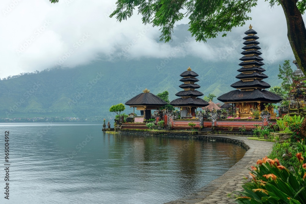 Ulun Danu Beratan temple at the edge of Lake Bratan, Bali, Indonesia , ai Ulun Danu Beratan temple at the edge of Lake Bratan, Bali, Indonesia , ai