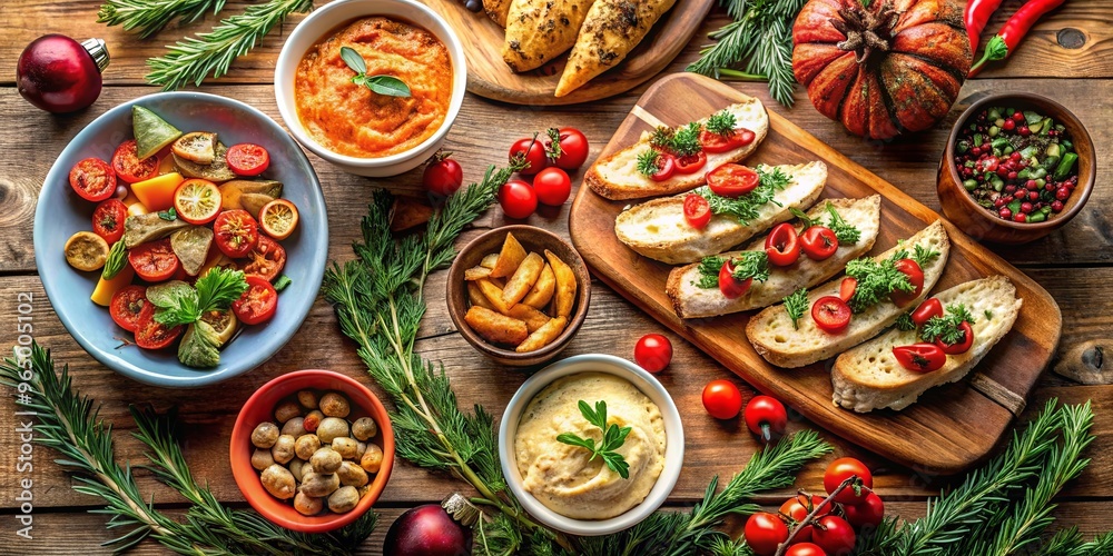 Appetizer table with vegetarian Christmas dishes like roasted vegetables, hummus, and bruschetta Appetizer table with vegetarian Christmas dishes like roasted vegetables, hummus, and bruschetta