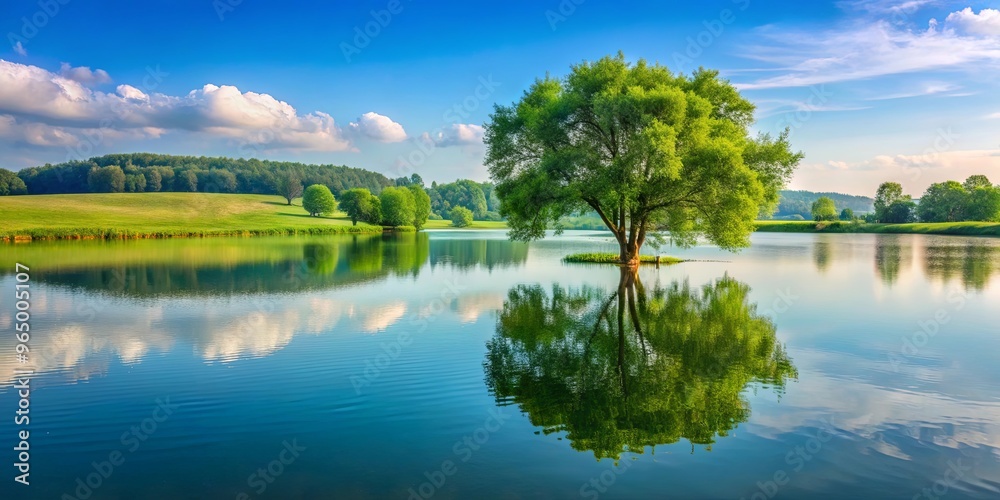 Tranquil lake with a single tree surrounded by lush greenery Tranquil lake with a single tree surrounded by lush greenery