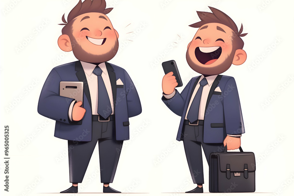Two cartoon businessmen, one holding a briefcase and the other a phone, both smiling. Two cartoon businessmen, one holding a briefcase and the other a phone, both smiling.