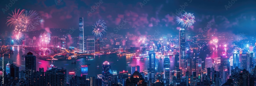 Vibrant skyline with fireworks displayed during a festive celebration, taken from an elevated viewpoint. Vibrant skyline with fireworks displayed during a festive celebration, taken from an elevated viewpoint.