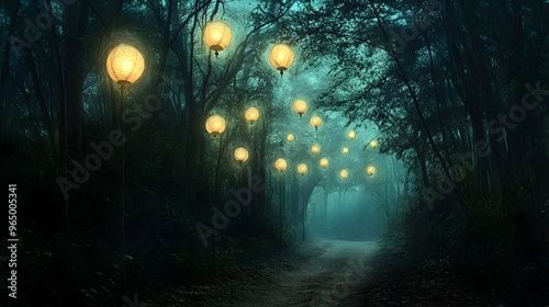 A forest path lined with lanterns that glow softly, with strange floating orbs of light drifting above the trees, casting eerie shadows