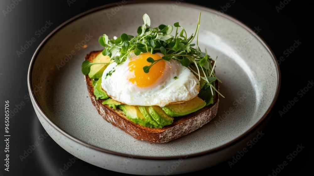Gluten-Free Sourdough Toast with Avocado, Poached Egg, and Microgreens on Ceramic Plate Gluten-Free Sourdough Toast with Avocado, Poached Egg, and Microgreens on Ceramic Plate