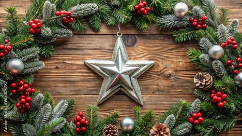 Christmas wreath adorned with a silver star surrounded by festive decorations