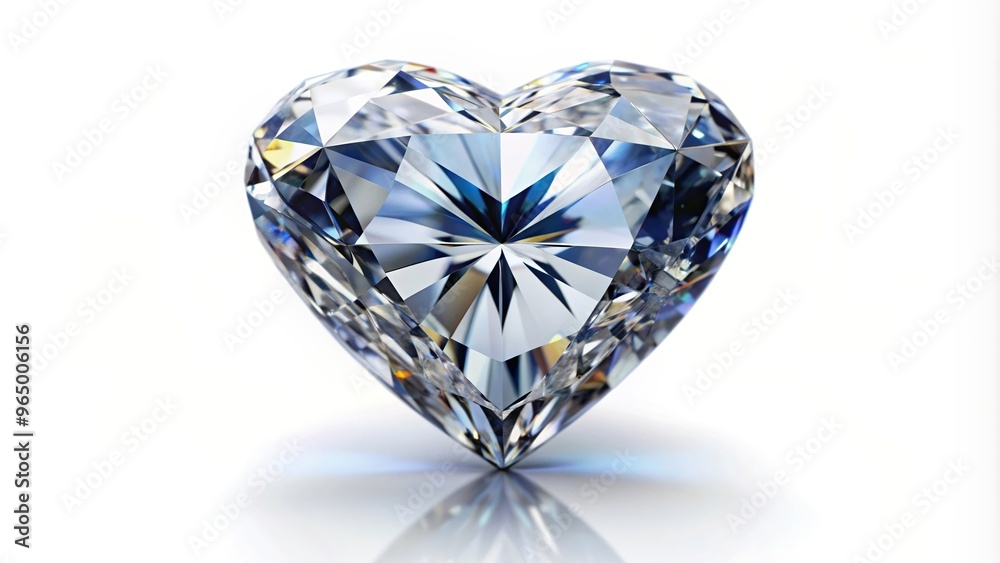 A close up low angle view of a beautifully sparkling diamond heart isolated with a clipping path for easy removal from the background, crystal, low angle, transparent, glamour, jewelry