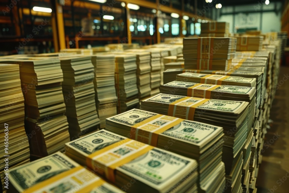 Stacks of cash piled in a warehouse, showcasing wealth and abundance in a secure environment. Stacks of cash piled in a warehouse, showcasing wealth and abundance in a secure environment.