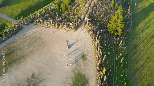 Aerial view of Kryziu kalnas, or the Hill of Crosses, a site of pilgrimage near the city of Siauliai, in northern Lithuania. Sunny summer evening. photo