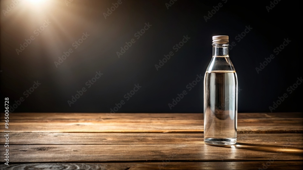 Close-up of liquid bottle on wooden table against black background with light reflecting off the top Close-up of liquid bottle on wooden table against black background with light reflecting off the top