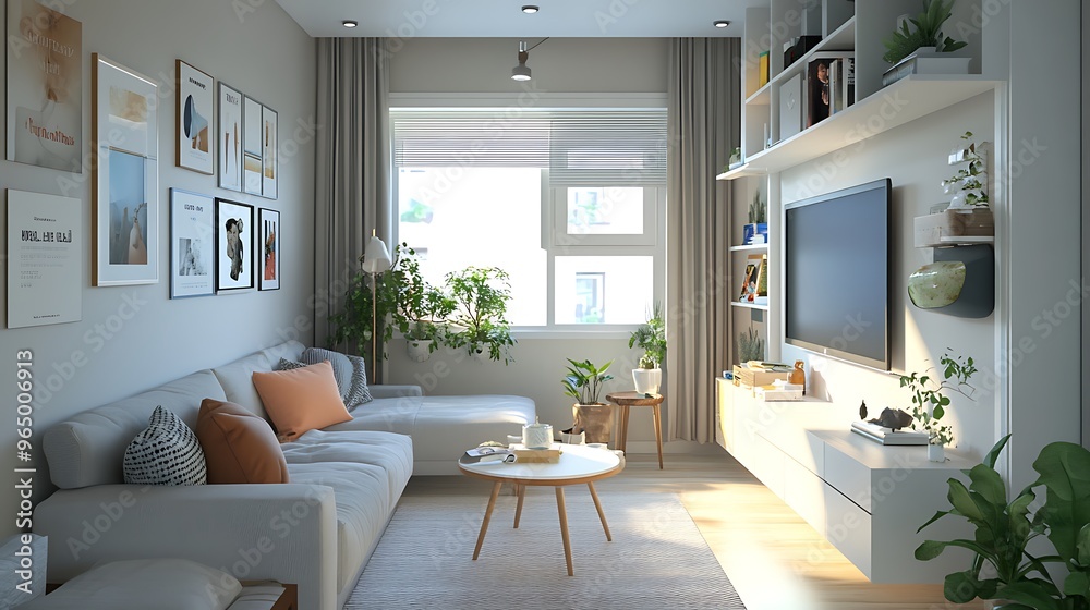 Fototapeta premium Small Living Room with Multi-Functional Furniture, Built-In Storage, and Smart Layout