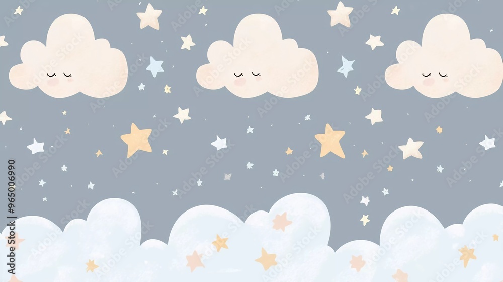 cute cloud and stars on nice pastel gray bottom border seamless pattern cute cloud and stars on nice pastel gray bottom border seamless pattern