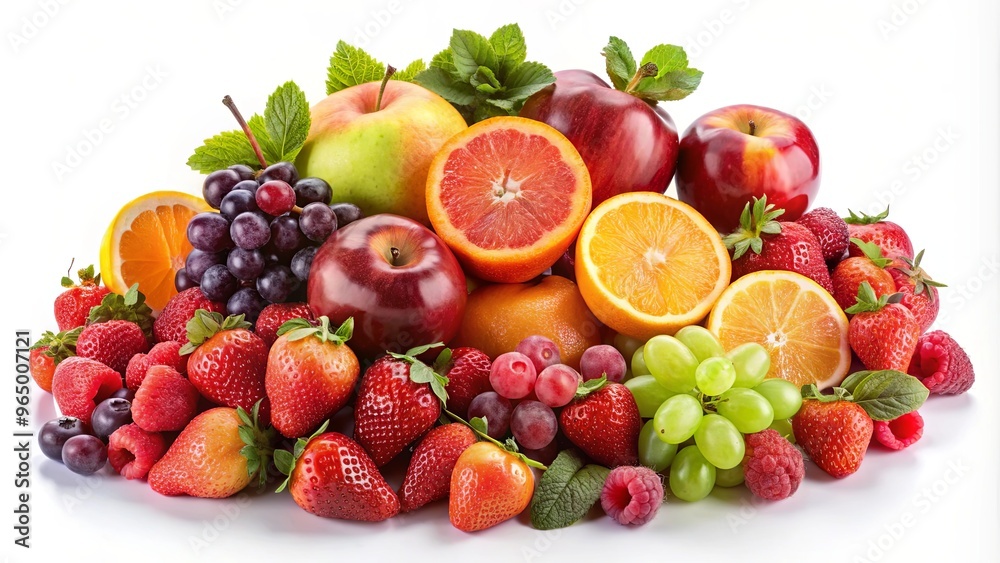 Assorted fresh fruits including grapes, apples, strawberries, oranges, and raspberries arranged neatly on a white background Assorted fresh fruits including grapes, apples, strawberries, oranges, and raspberries arranged neatly on a white background
