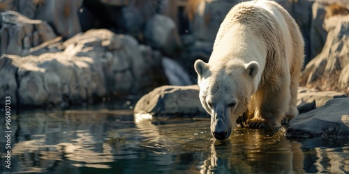 Wild Polar Bear Hydrating on a Bright Day