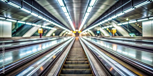 Blurred subway infrastructure seen in background of metro escalator