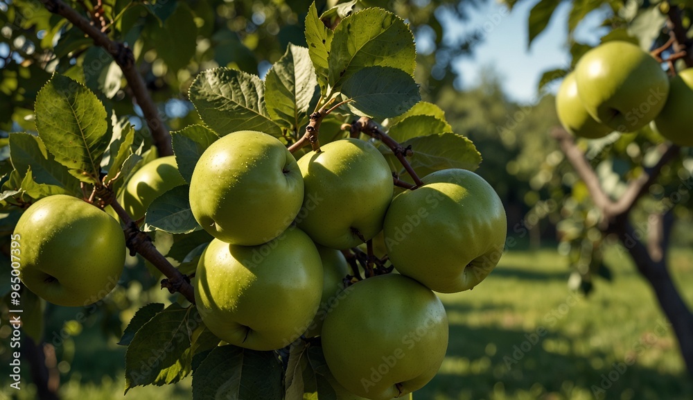 Cluster of green apples on a branch in a sunlit orchard setting.
