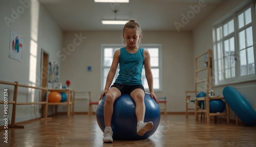 Young girl balancing on an exercise ball in a fitness studio. photo