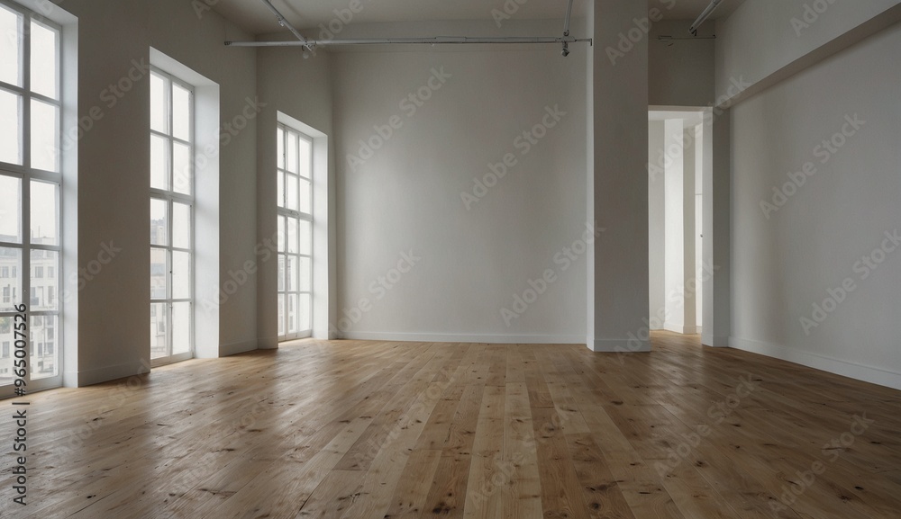 Obraz premium Empty room with wooden floor, large windows and white walls.