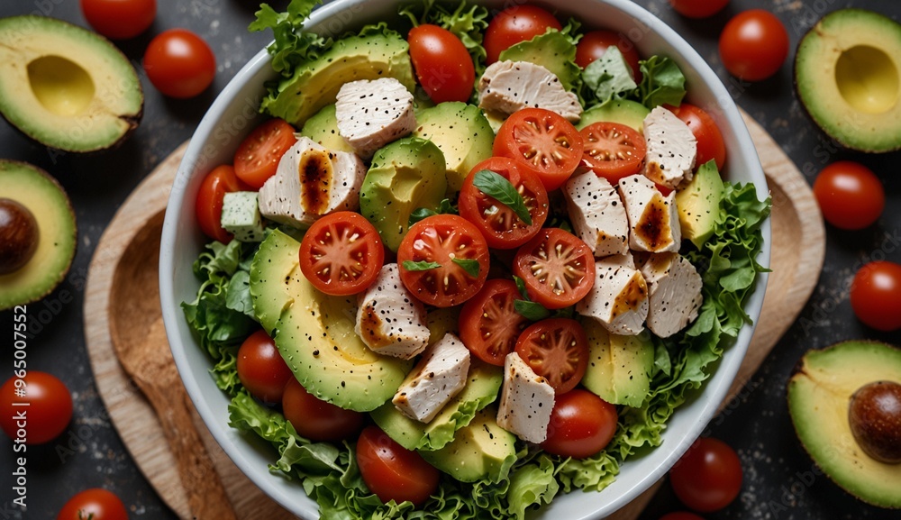 Fresh and vibrant salad with cherry tomatoes, avocado, and chicken Fresh and vibrant salad with cherry tomatoes, avocado, and chicken