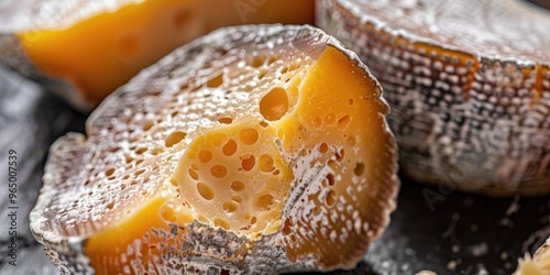 Close-up of mature Mimolette cheese known for its distinctive greyish rind formed by specific cheese mites. photo