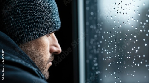 A contemplative man gazes out a rainy window, lost in thought as droplets trickle down the glass, creating a reflective mood. photo