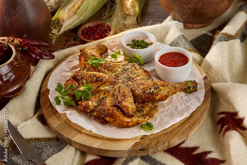 Aromatic Chicken Tabaka with Assorted Sauces on Rustic Table Setting