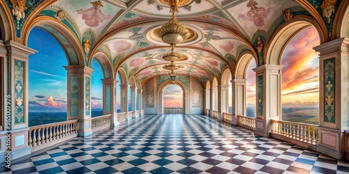 A stunning ethereal corridor adorned with pastel tones featuring a breathtaking frescoed ceiling and an exquisite marble checkered flooring offering a panoramic view, ethereal photo