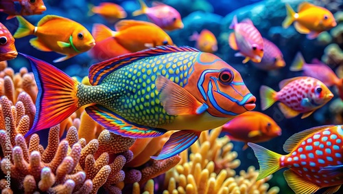 Vibrant fish with dazzling geometric patterns weave through a tapestry of coral, their scales glinting like a treasure