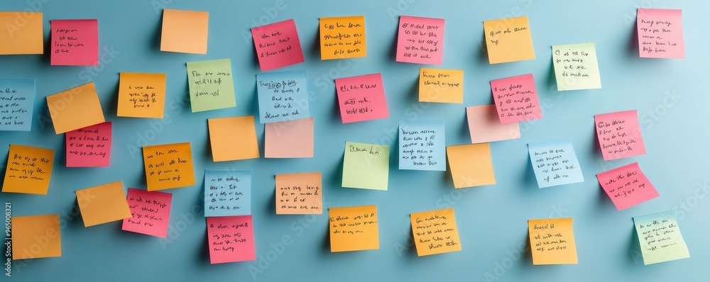 A colorful collection of sticky notes with handwritten messages on a blue background, perfect for brainstorming and organization.