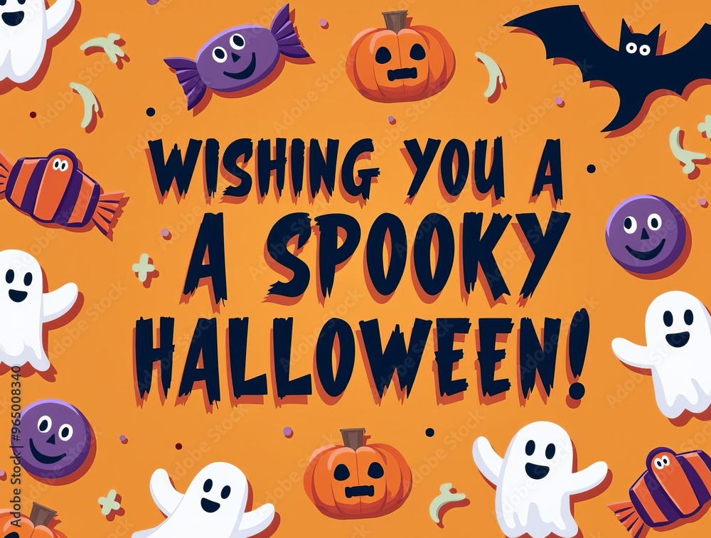 Wishing You a Spooky Halloween: Festive Cartoon Characters and Treats Greeting Card Design Wishing You a Spooky Halloween: Festive Cartoon Characters and Treats Greeting Card Design