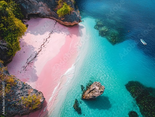 aerial view of pink beach in flores island indonesia - ai