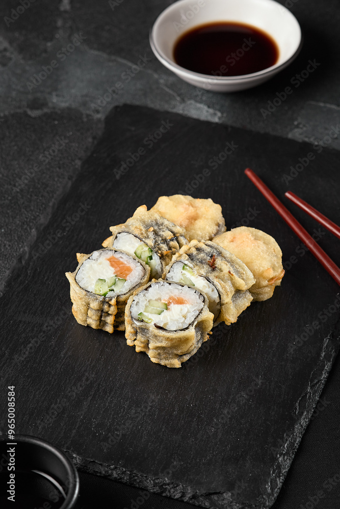 Tempura Shrimp and Avocado Roll with Spicy Sauce – Dark Modern Food Photography