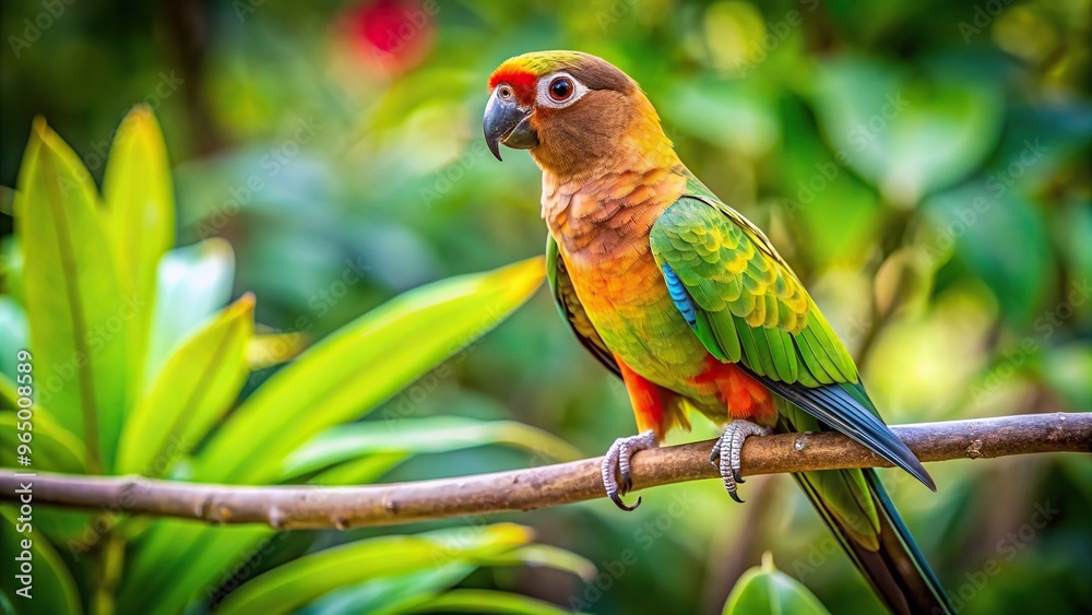 foliage, colorful, green, Caribbean, feathers, A long shot photograph of a vibrant Brown Throated Parakeet perched on a branch in the lush natural habitat of a Caribbean island