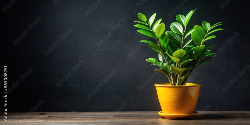 Fototapeta premium A vibrant Zamioculcas plant sits in a sunny yellow pot adding a pop of color against the sleek black background while a hint of craft packaging adds a touch of unique charm