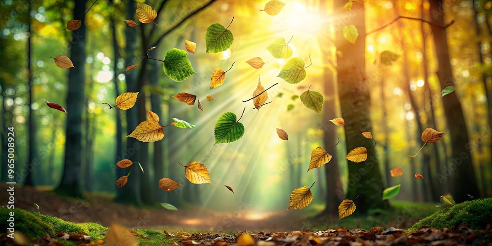 Fototapeta premium Leaves swirling in the air against a backdrop of a forest with sun peeking through, creating a magical scene