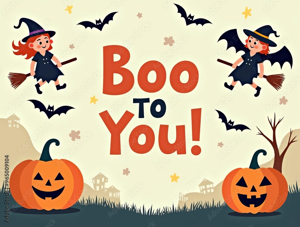 Cute Halloween Greeting Card with Playful Witches, Bats, and Jack-o'-Lanterns: Charming Cute Halloween Greeting Card with Playful Witches, Bats, and Jack-o'-Lanterns: Charming
