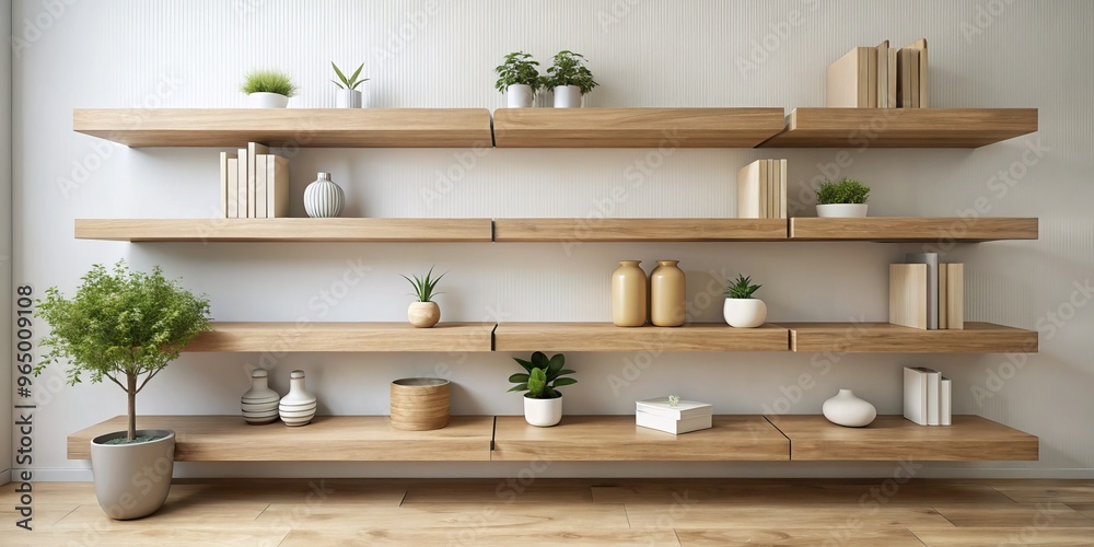 White oak shelves stand tall against a neutral background, creating a harmonious and functional storage arrangement White oak shelves stand tall against a neutral background, creating a harmonious and functional storage arrangement