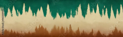Abstract landscape with silhouettes of green and orange coniferous trees in the mist. Abstract retro pine tree forest. Copy space slow motion background. Website banner