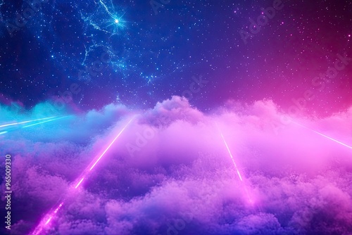 Synthwave vaporwave retrowave cyber background with copy space, laser grid, starry sky, blue and purple glows with smoke and particles. Design for poster, cover, wallpaper, web, banner, etc , ai photo