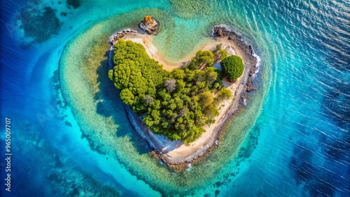 Aerial view of heart-shaped island surrounded by crystal blue waters