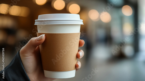 businesswoman's hand holding a blank coffee cup, symbolizing potential, readiness, and the start of new ideas or opportunities in a professional setting