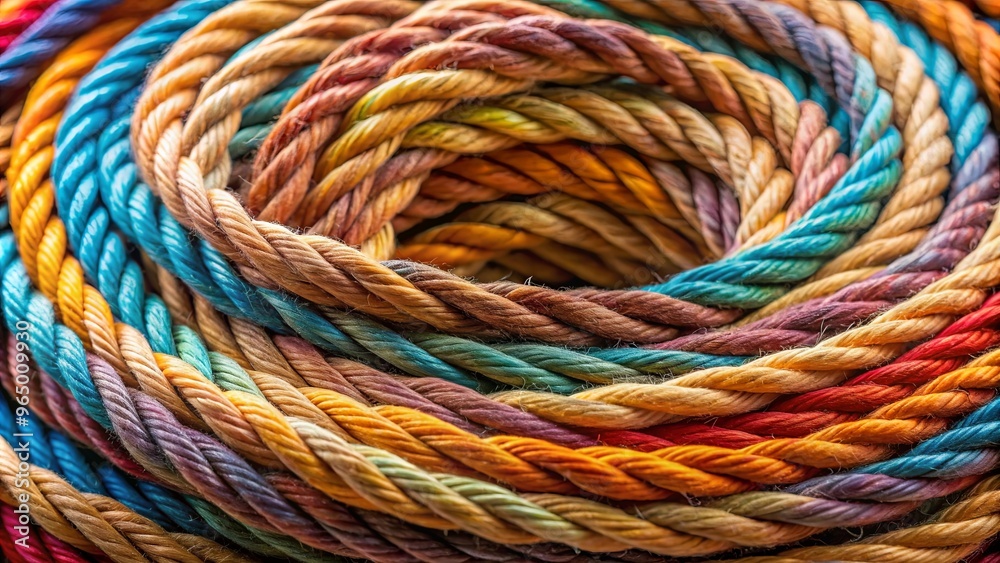 Close up of multicolored yarn wrapped around brown rope Close up of multicolored yarn wrapped around brown rope