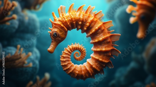 A golden seahorse with curled tail floating in a vibrant underwater environment surrounded by soft coral and aquatic plants.