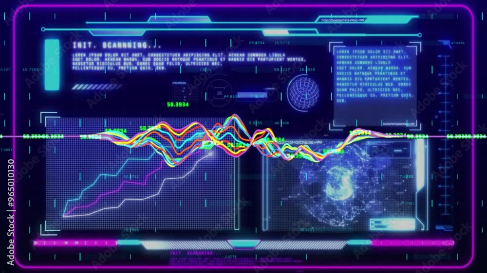 Animation of digital data processing over globe on dark background Animation of digital data processing over globe on dark background