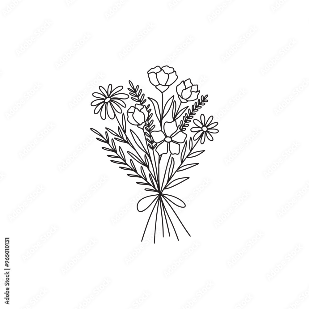 Obraz premium Flower bouquet vector. Hand drawn flower. Wildflower line art bouquets, wild plant, botanical vector illustration