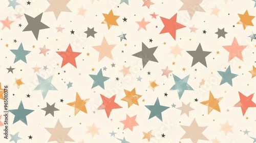 A seamless pattern of stars in different colors on a light cream background.