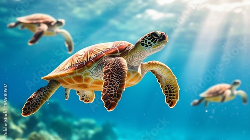 Several sea turtles swim peacefully in crystal-clear ocean waters, illuminated by sunbeams, showcasing marine life in a serene underwater scene.