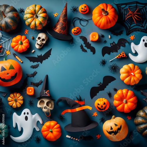 Halloween Flat Lay with Pumpkins, Skulls, Bats, and Witch Hats