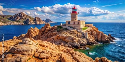 The red rock La Pietra with lighthouse and Genoese tower at Ile Rousse in the Balagne region of Corsica, stock photo, lighthouse, architecture, landmark, Corsica, Mediterranean,rock photo