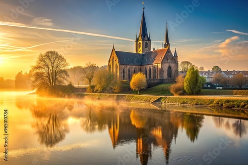 tranquil, beauty, riverbank, dawn, gothic style, sunlight, architecture, A medium shot of a gothic church situated on a riverbank illuminated by the golden morning light