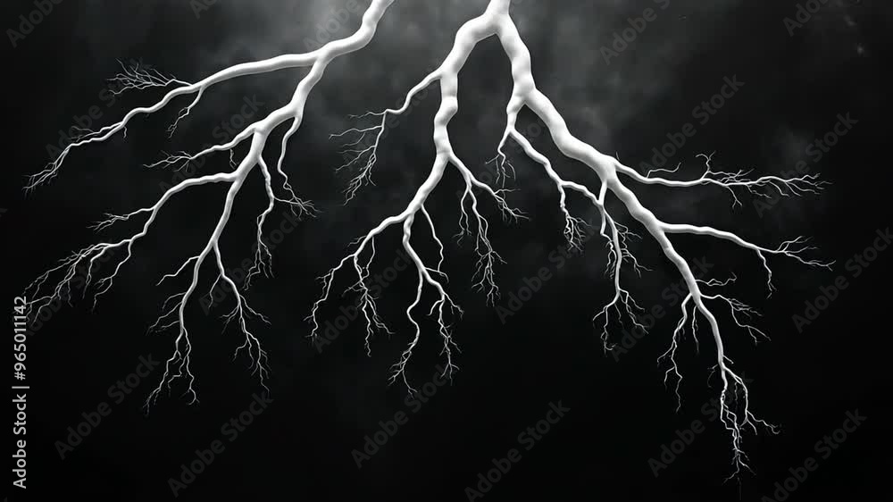 A striking abstract composition showcasing a detailed network of white lightning branches against a deep black background.